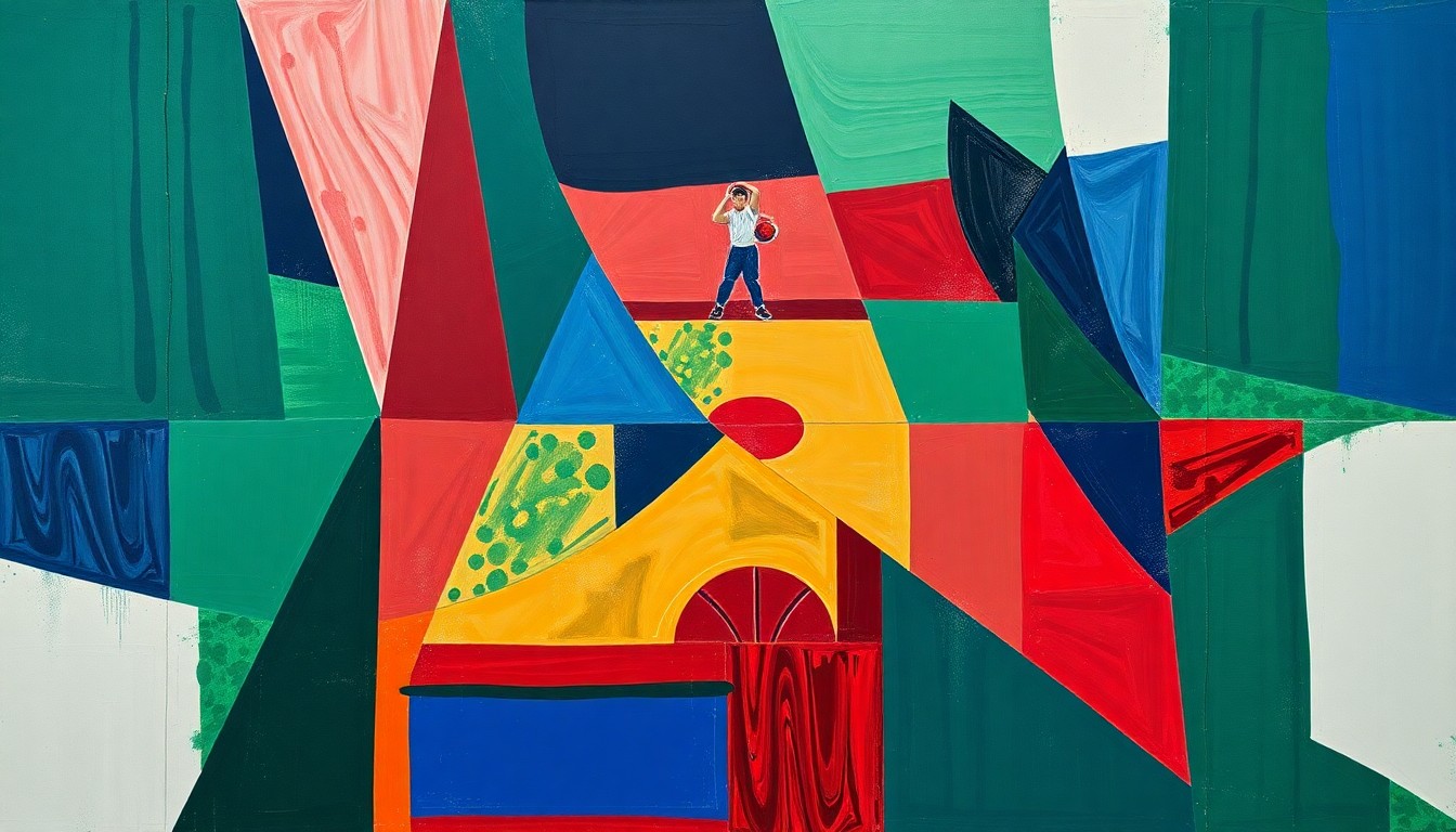 A cubist, geometric painting depicting a fragmented basketball game, with overlapping planes of navy, green, and red conveying the dynamic energy of the sport.