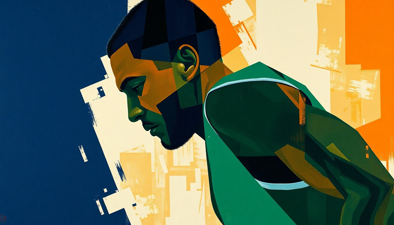 A cubist-style painting featuring fragmented geometric shapes in navy, green, and orange hues, conceptually representing a basketball player's silhouette broken down into abstract forms.
