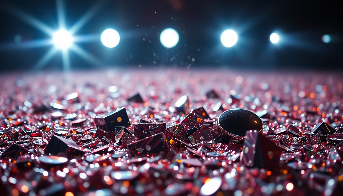 An extreme close-up of shimmering sequins and shards of reflective glass, capturing the luxurious textures and dramatic lighting of a Las Vegas stage performance.
