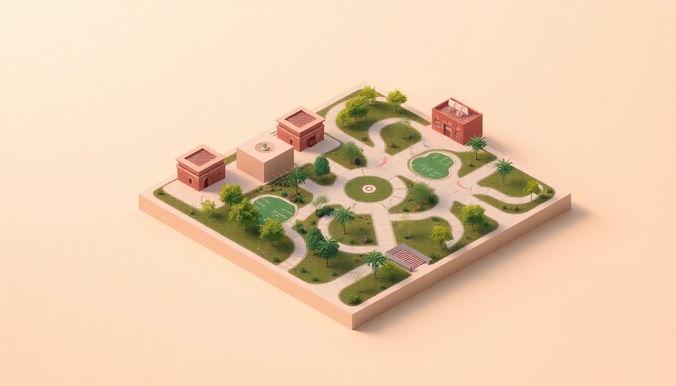 A miniature, stylized 3D digital illustration depicting a network of parks, plazas, and walkable trails within a conceptual business environment, representing the open spaces planned for the OCVIBE mixed-use development in Anaheim.