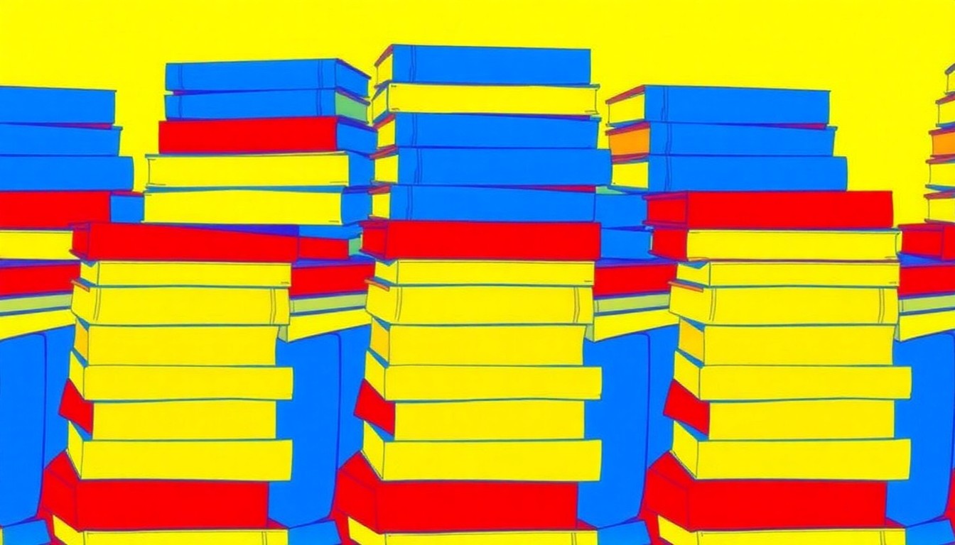 A vibrant, pop art-inspired grid of stylized textbooks in bold primary colors, conceptually representing the importance of the decision to select Kansas' next education commissioner.