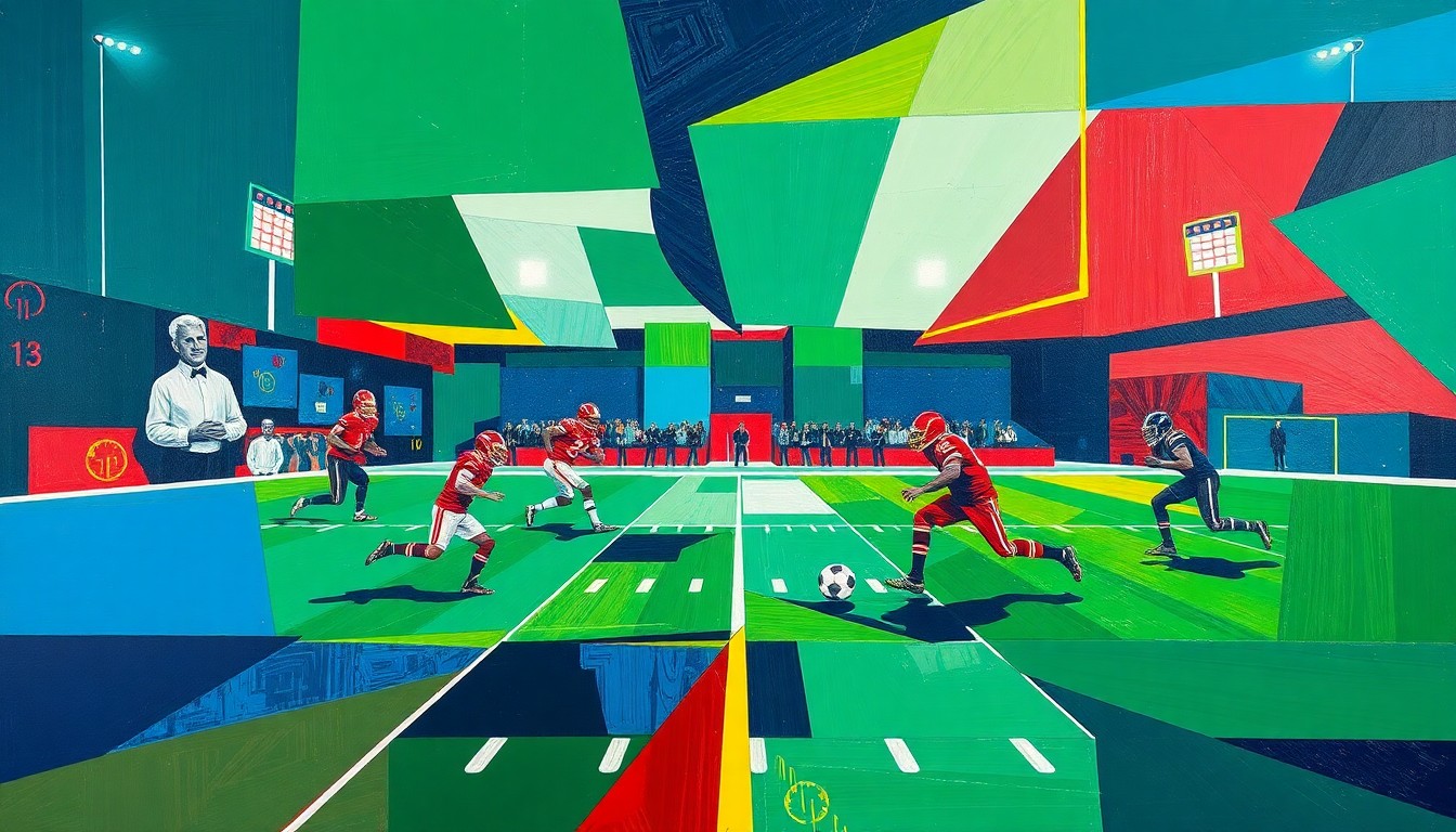 A cubist, geometric painting depicting the chaotic action and overlapping perspectives of a flag football game, with players and the ball rendered as fragmented, overlapping shapes in a bold color palette.