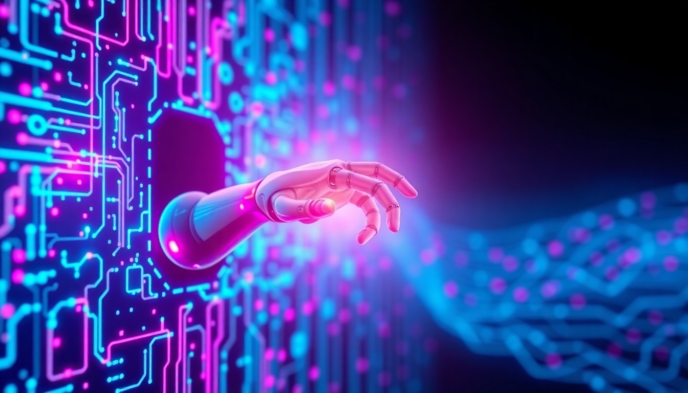A highly detailed, glowing 3D illustration of a robotic arm emerging from a grid of illuminated blue and magenta circuitry, conceptually representing the integration of human and artificial intelligence.