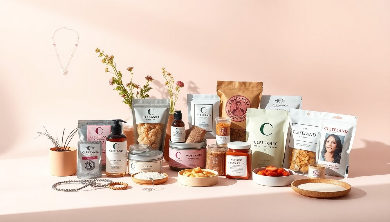 A high-end studio photograph featuring an elegant arrangement of handcrafted products from various women-owned businesses in Cleveland, including jewelry, skincare items, and specialty foods, captured with dramatic lighting and shadows to convey the diversity and quality of the city's female entrepreneurial spirit.