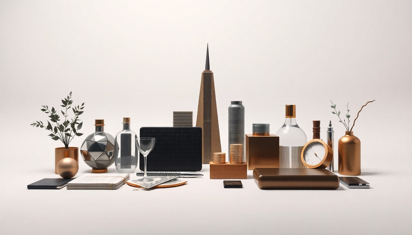 A studio photograph featuring a carefully arranged collection of premium business objects, including a sleek laptop, a polished fountain pen, and a geometric glass paperweight, all set against a clean, monochromatic background, conveying a sense of corporate strategy, finance, and market trends.