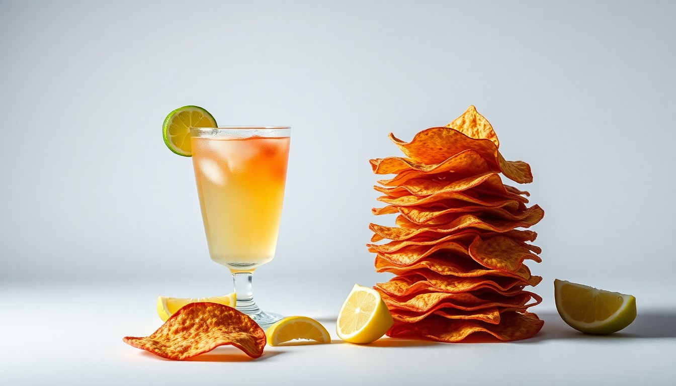 A high-end, photorealistic studio still-life featuring a stack of colorful tortilla chips, a glass of margarita, and lemon wedges, conceptually representing the enduring appeal of classic Tex-Mex cuisine despite the restaurant's financial challenges.