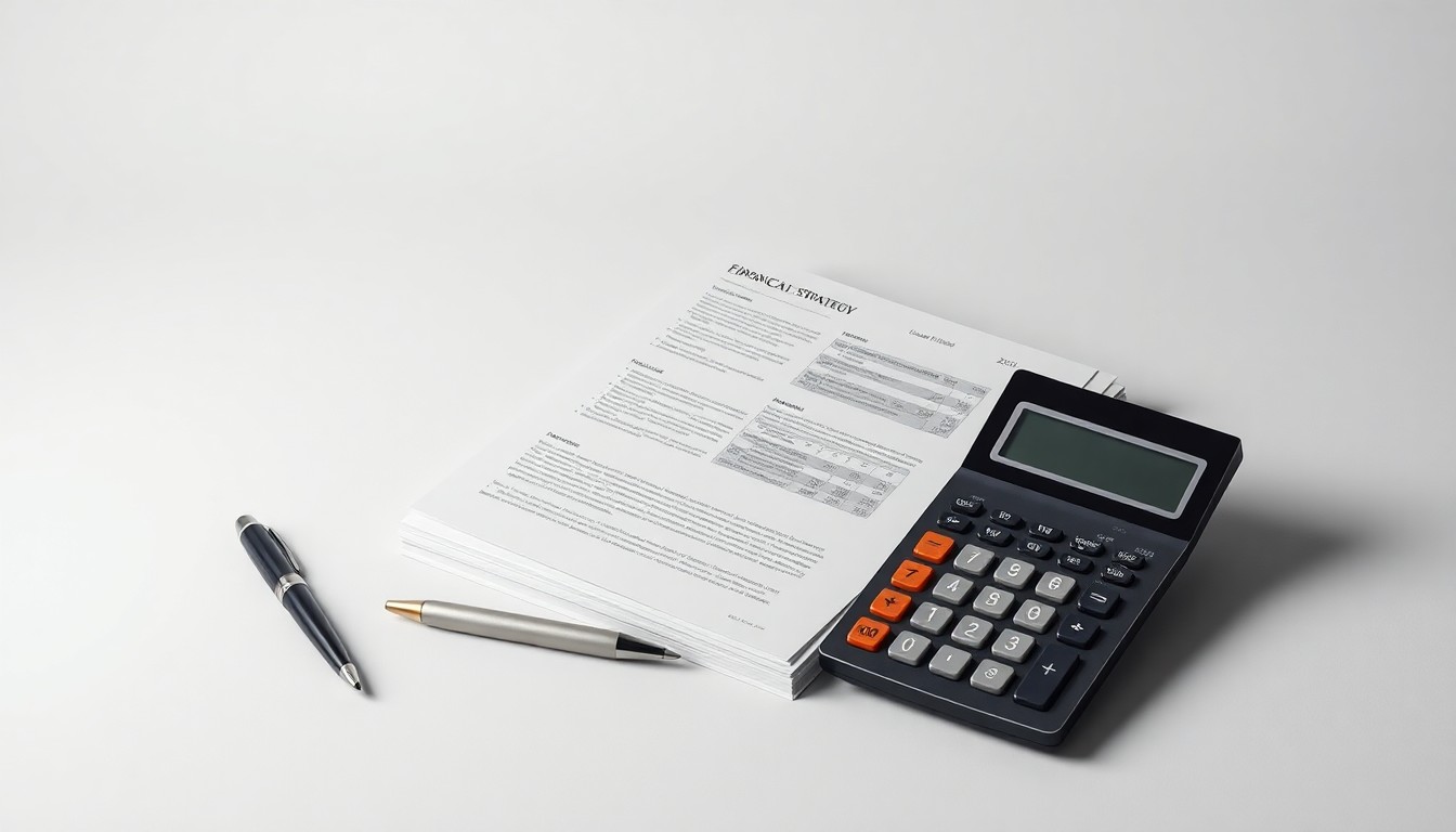 A minimalist, photorealistic studio still life featuring a stack of financial documents, a pen, and a calculator arranged elegantly on a clean, monochromatic background, symbolizing the abstract concepts of corporate strategy and finance.