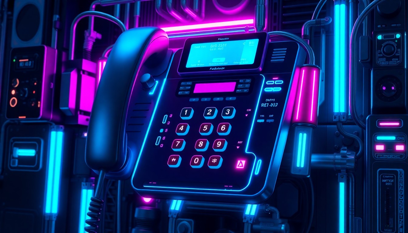 A highly detailed, glowing 3D illustration of a futuristic office phone system, with illuminated circuit boards, fiber optic cables, and other cybernetic hardware elements in a palette of neon cyan, magenta, and dark greys, conceptually representing the advanced technology powering modern business communication.