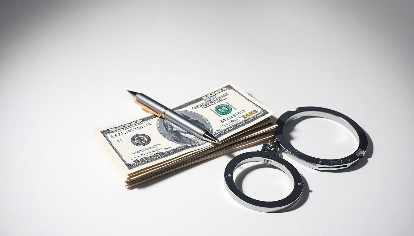 A photorealistic studio still life featuring a stack of US dollar bills, a metal pen, and a pair of handcuffs, symbolizing the financial and legal consequences of Bank of America's alleged role in enabling Jeffrey Epstein's sex-trafficking enterprise.