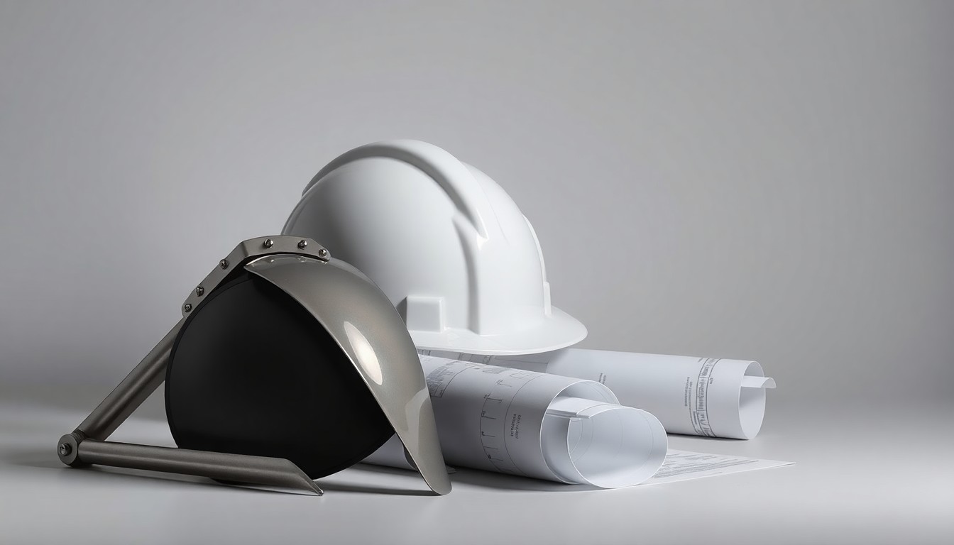 A photorealistic studio still life featuring a polished metal construction tool, a sleek hardhat, and rolled architectural blueprints arranged on a clean, monochromatic background, conceptually representing the premium materials and elegant design of the construction industry.