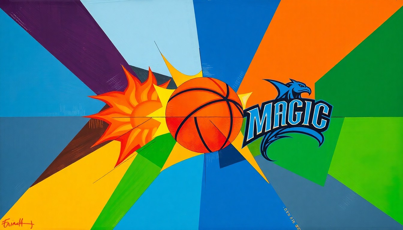 A fractured, geometric painting depicting the action of a basketball game, with sharp planes of color representing the competing teams' official palettes.