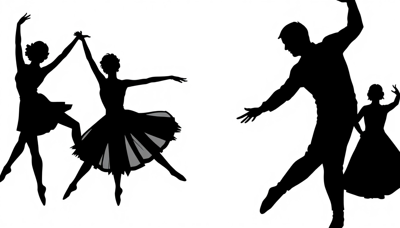 A striking black and white illustration featuring sharp, angular shapes and silhouettes that abstractly represent the art of ballet, conveying the influential legacy of choreographer Ben Stevenson.