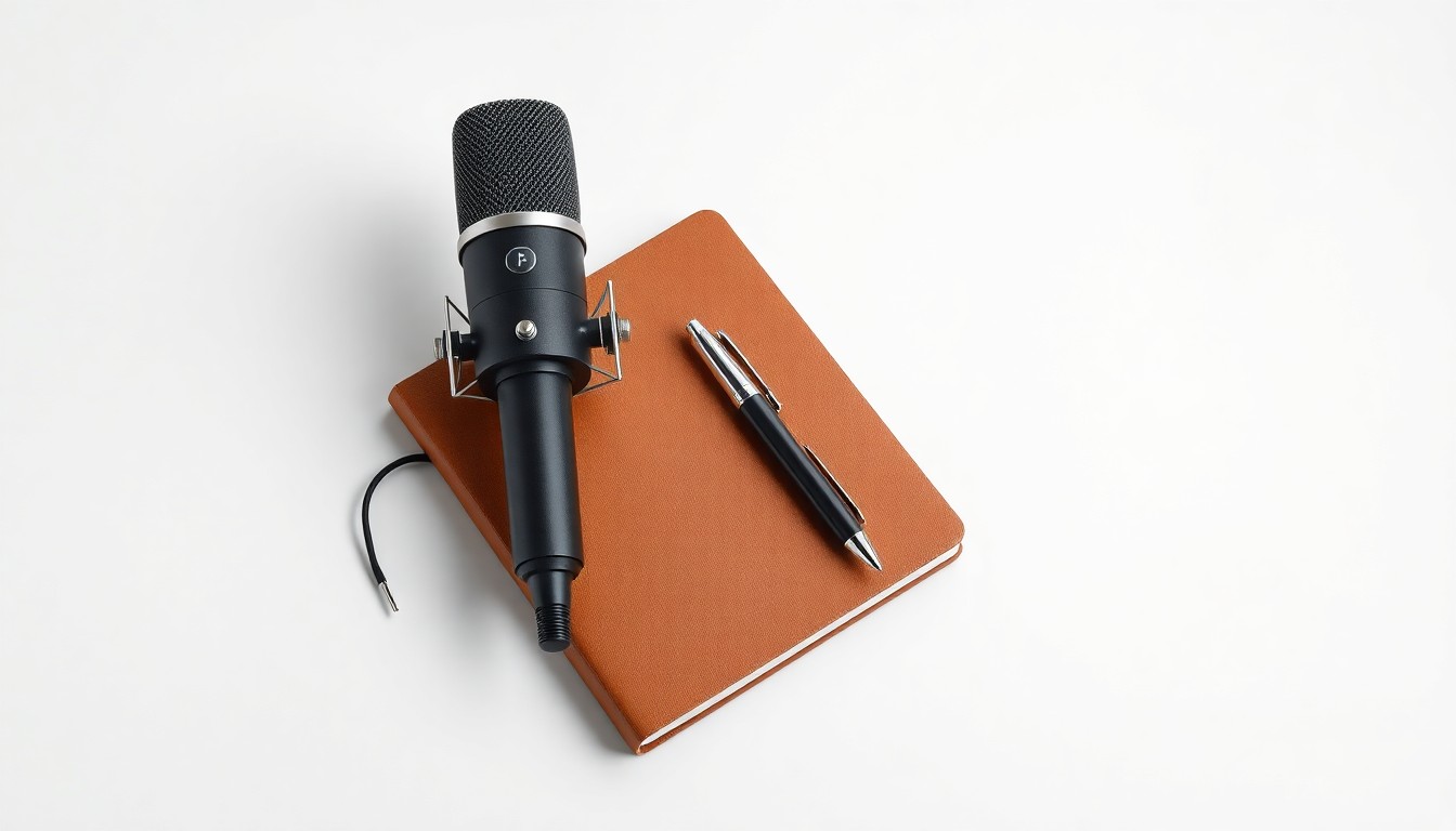 A photorealistic studio still life featuring a sleek microphone, leather notebook, and metal pen arranged elegantly on a clean background, conceptually representing the tools and resources used by successful business leaders.