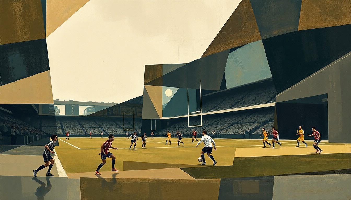 A fragmented, geometric painting depicting a football game or match, with the players and field broken down into abstract shapes and planes of muted colors, capturing the uncertainty and complexity of the Browns' quarterback situation.