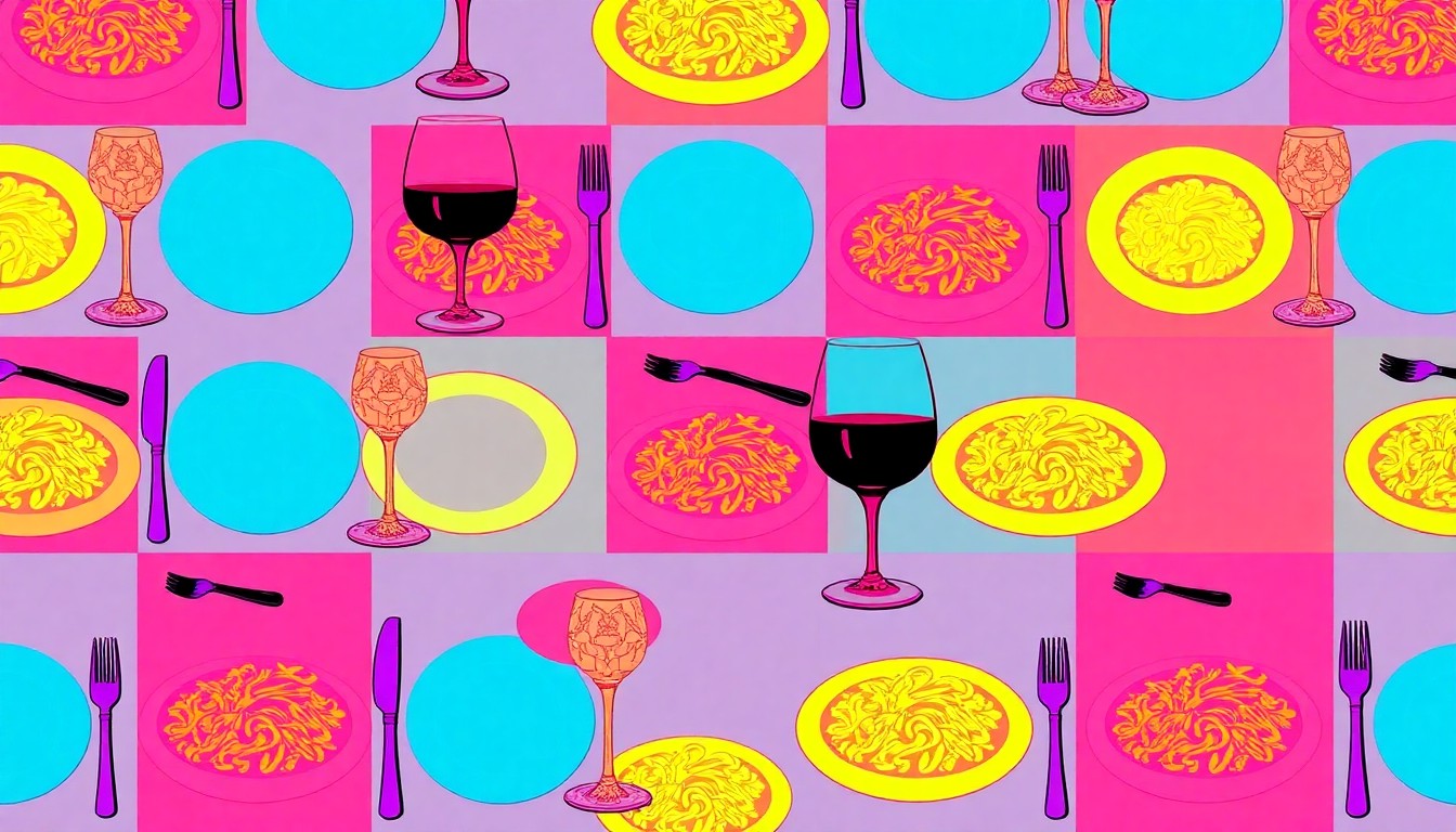 A high-contrast, silkscreen-style illustration of a wine glass, pasta dish, and table setting repeated in a tight grid pattern, rendered in a bold, neon color palette to evoke the modern, artistic vibe of the new River and Range Bistro pop-up restaurant.