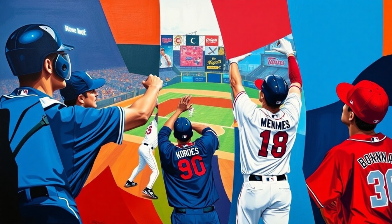 A fragmented, cubist-style painting depicting the motion and energy of a baseball game, with sharp geometric shapes in the team colors of the Royals and Twins overlapping to create a dynamic, abstract visual.