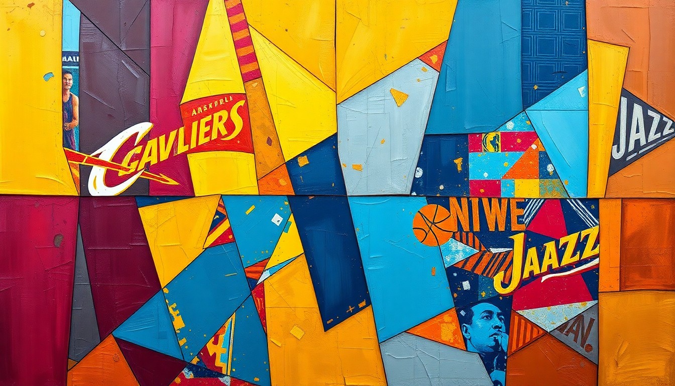 A fractured, multi-perspective painting depicting a basketball game, with sharp geometric planes in the team colors of the Cavaliers and Jazz clashing and intertwining, capturing the energy and intensity of the matchup.