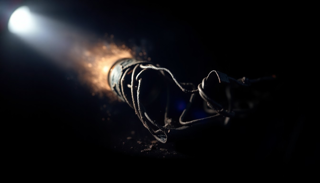 An extreme close-up photograph of a charred, twisted metal object from the Esparto fireworks explosion site, lit by a harsh, direct camera flash against a pitch-black background, conceptually representing the investigation into the tragic incident and the need for greater accountability.