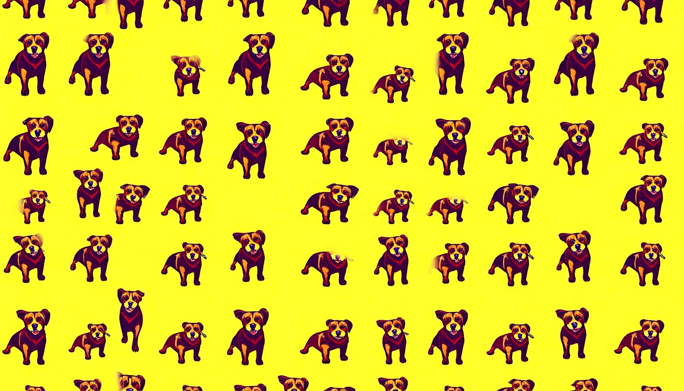 A bold, colorful silkscreen print featuring a repeated image of a dog in a costume, conceptually representing the playful and celebratory nature of the Hounds Hunting with Heart event.