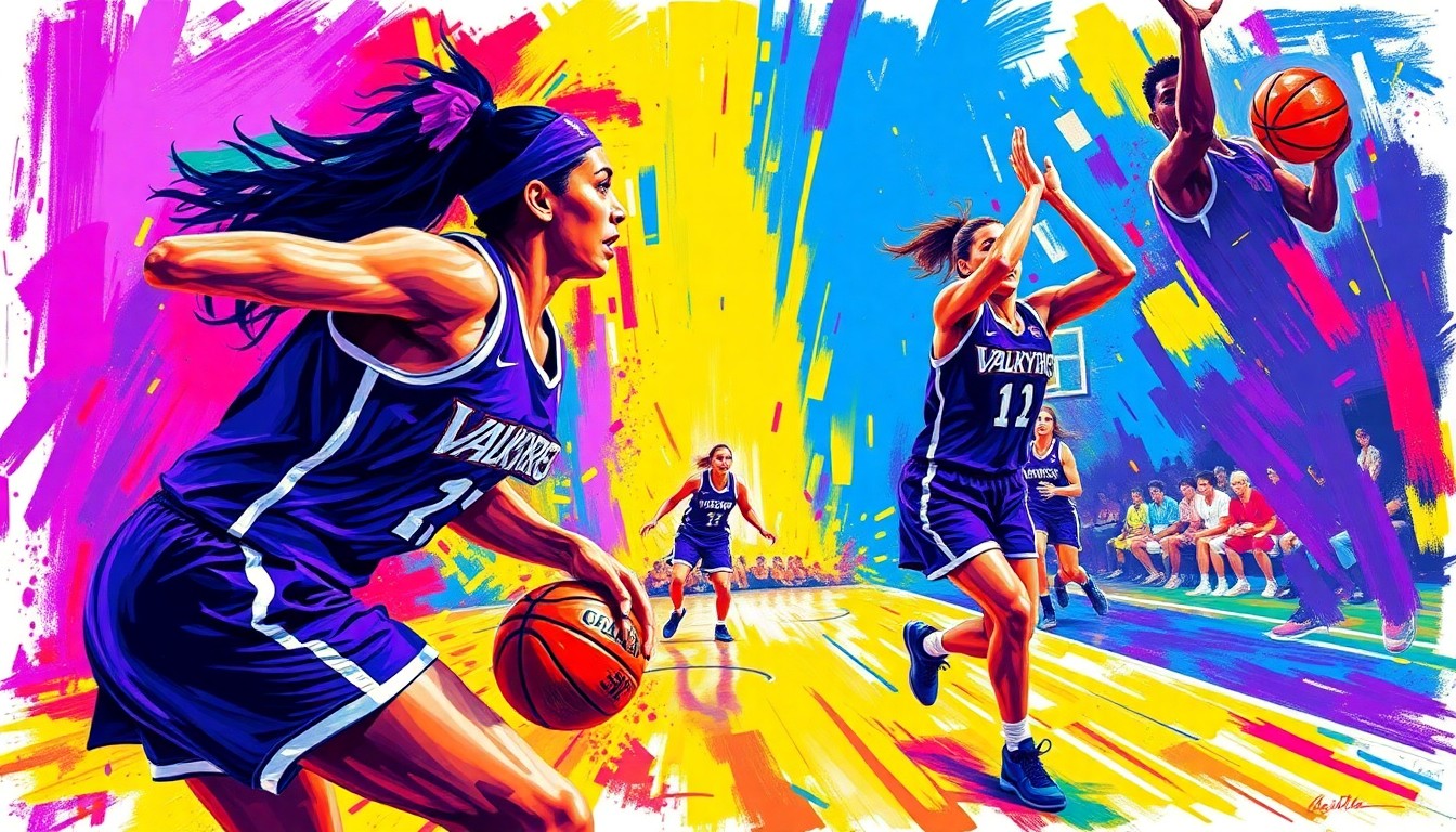 A vibrant, expressionist painting in neon colors depicting the movement and energy of a WNBA basketball game, with the Valkyries' new violet jerseys as the central focus.
