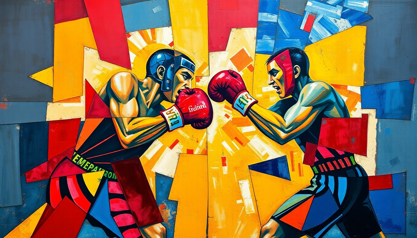A fragmented, geometric painting depicting the dynamic movements and intense action of a boxing match, with the fighters' forms broken down into sharp, overlapping planes of vibrant color.