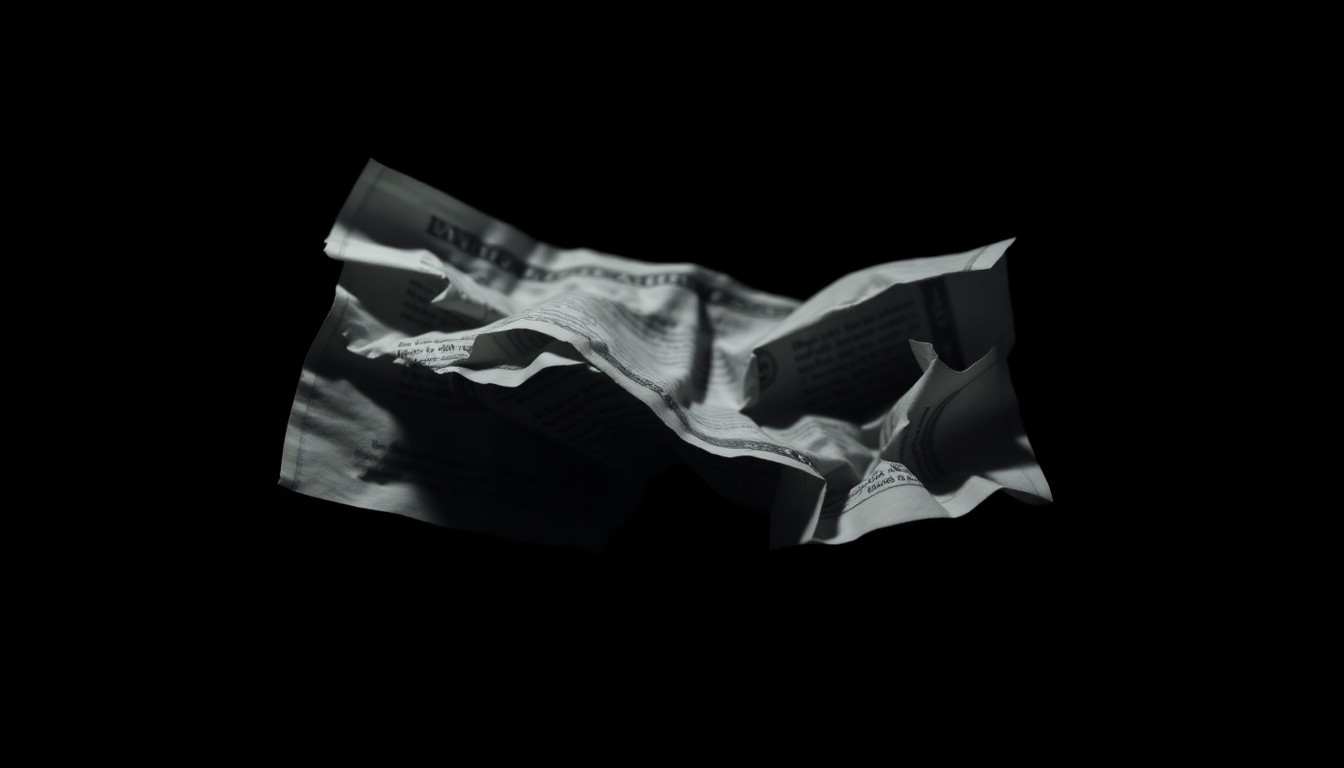 An extreme close-up of a crumpled financial document reflecting a harsh, direct camera flash, conceptually illustrating an investigation into alleged campaign finance misuse.