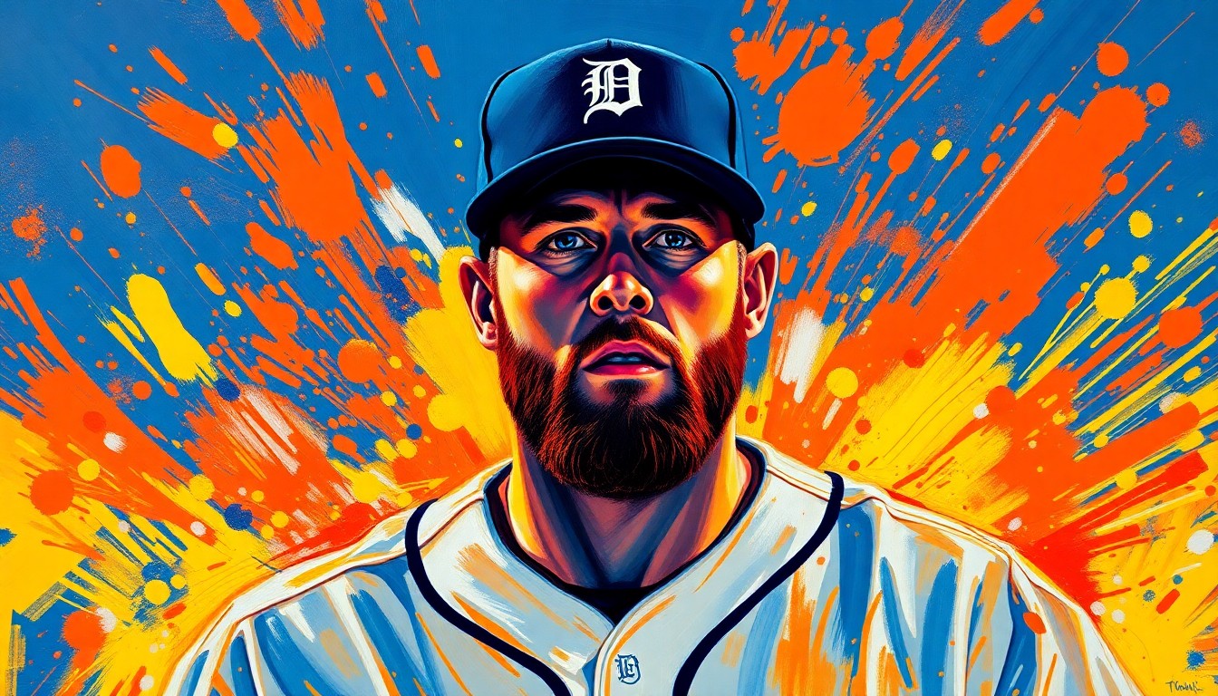 An extreme close-up of Justin Verlander's face, rendered in a vibrant, expressionist painting style with rapid brushstrokes and neon colors, capturing the raw energy and anticipation of his return to the Detroit Tigers.