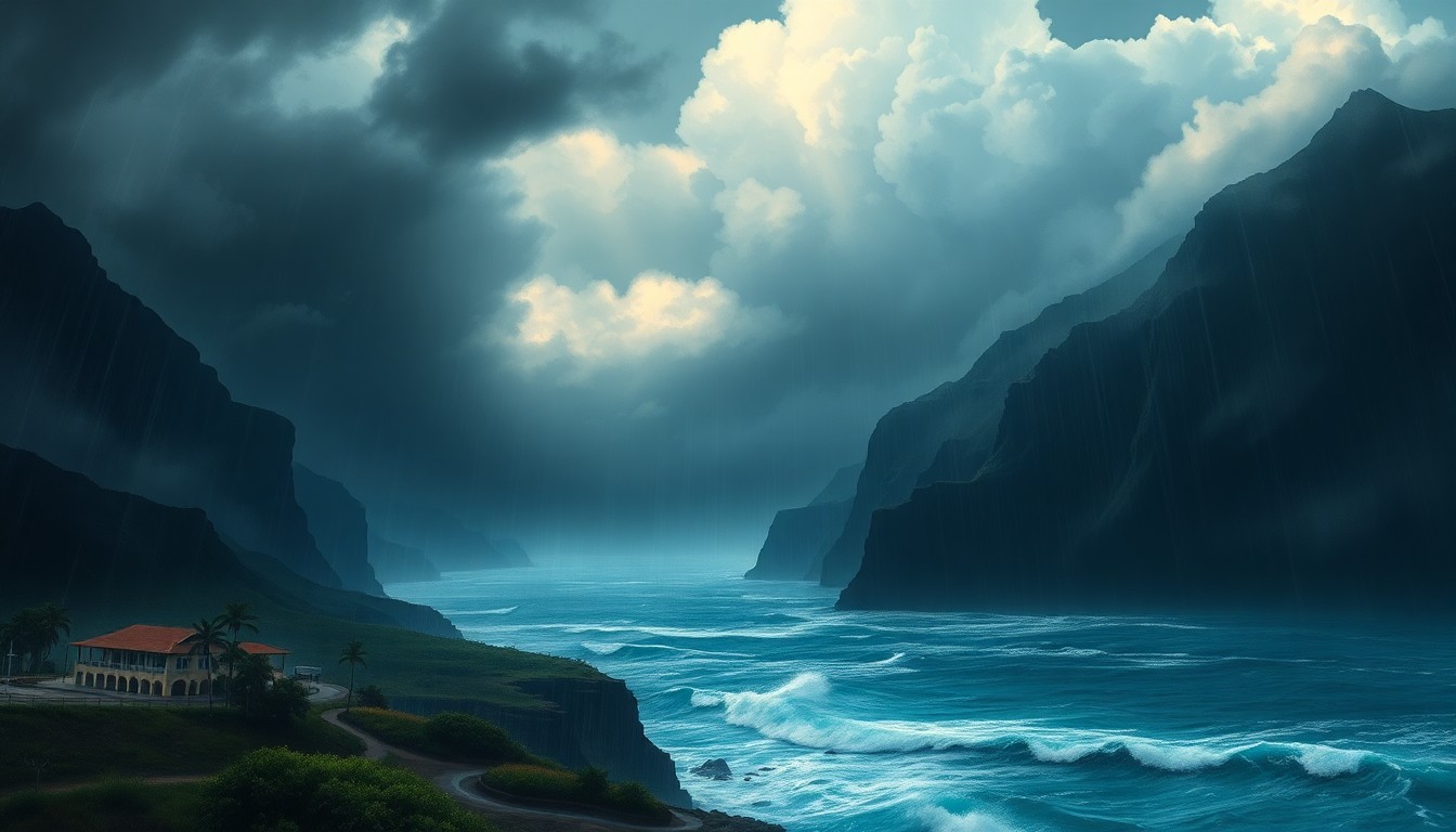 A vast, atmospheric landscape painting depicting the dramatic, sweeping scale of a Kona low storm on Oahu's North Shore, with heavy rain and wind dwarfing any visible buildings or businesses.
