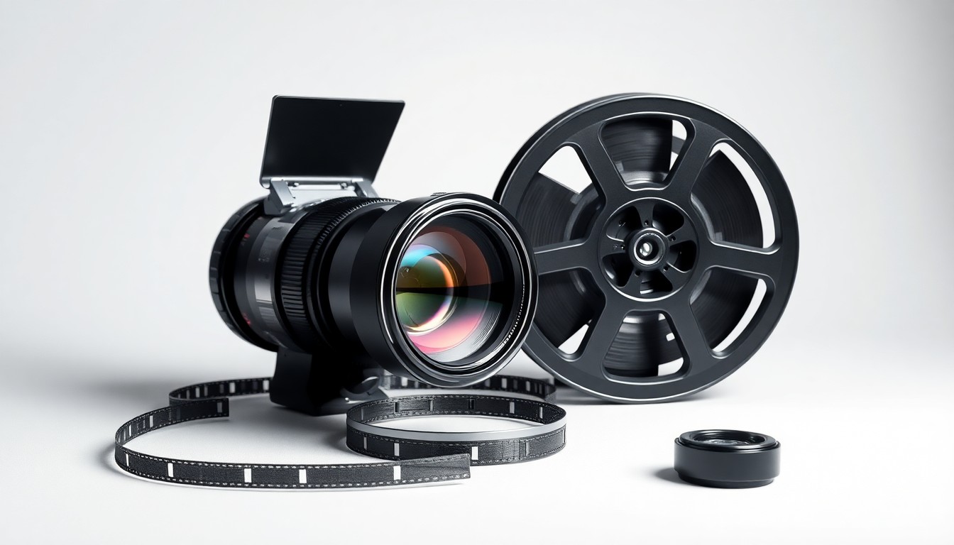 A high-end, photorealistic studio still-life photograph featuring a sleek, modern camera lens and film reel props arranged elegantly on a clean, monochromatic background, conceptually representing the sophisticated technology and craftsmanship behind the film and television production industry in New York City.