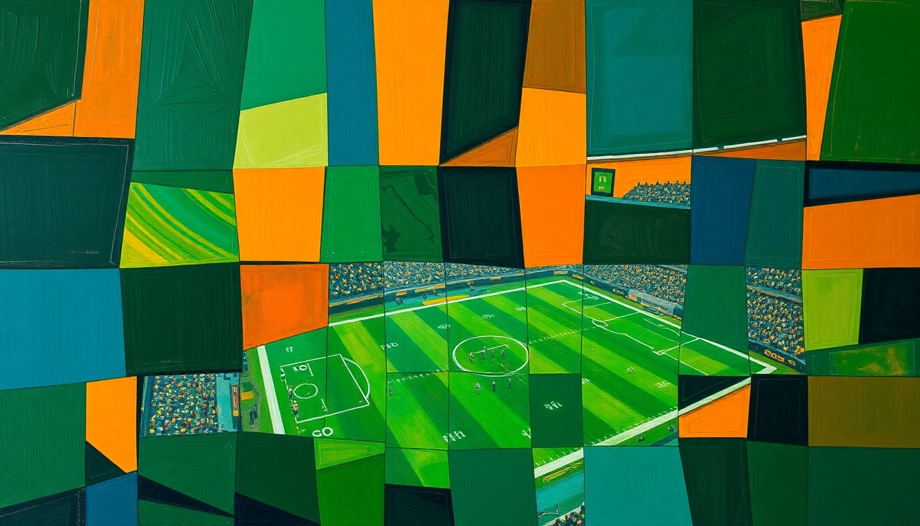 A cubist, geometric painting depicting a fragmented football stadium scene, with sharp planes of navy, green, and orange overlapping to create a dynamic, abstract composition.