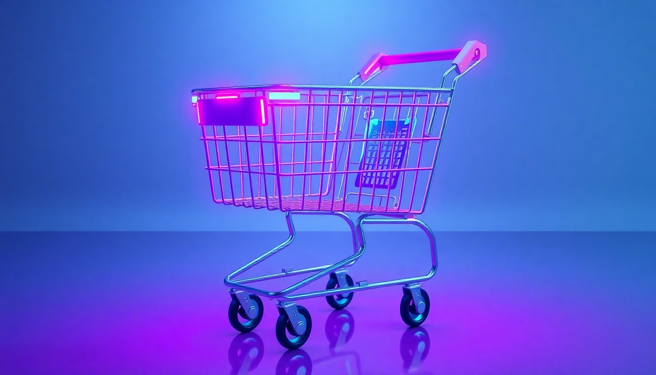 A highly detailed, glowing 3D illustration of a futuristic AI-powered shopping cart, with neon cyan and magenta lights illuminating the various sensors and components, hovering above a sleek, minimalist background.