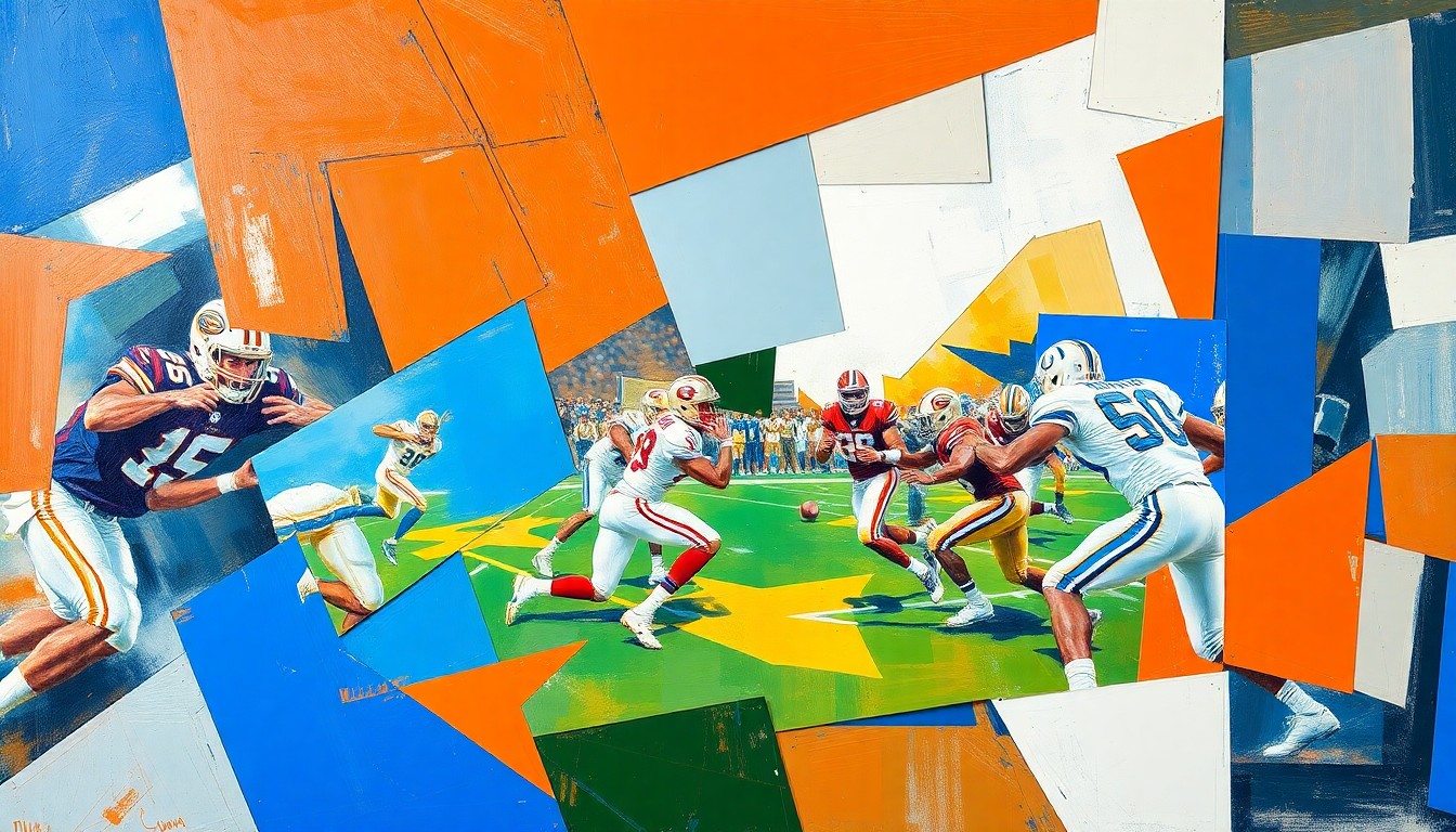 A cubist, geometric painting depicting a college football quarterback in motion, with the player's form broken down into sharp, overlapping planes of color.