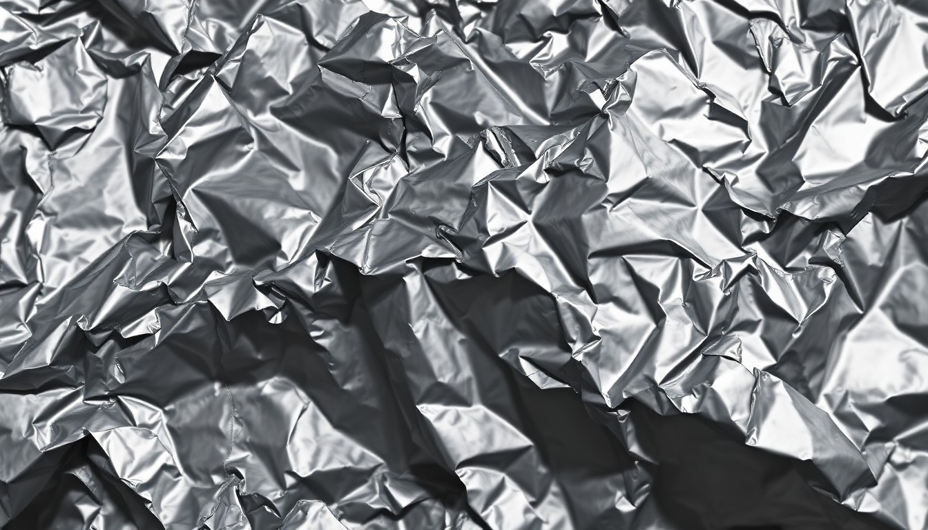 An extreme close-up photograph of a crumpled, highly reflective metallic surface in dramatic, high-contrast lighting, conveying a sense of glamour and luxury without depicting any specific objects or people.