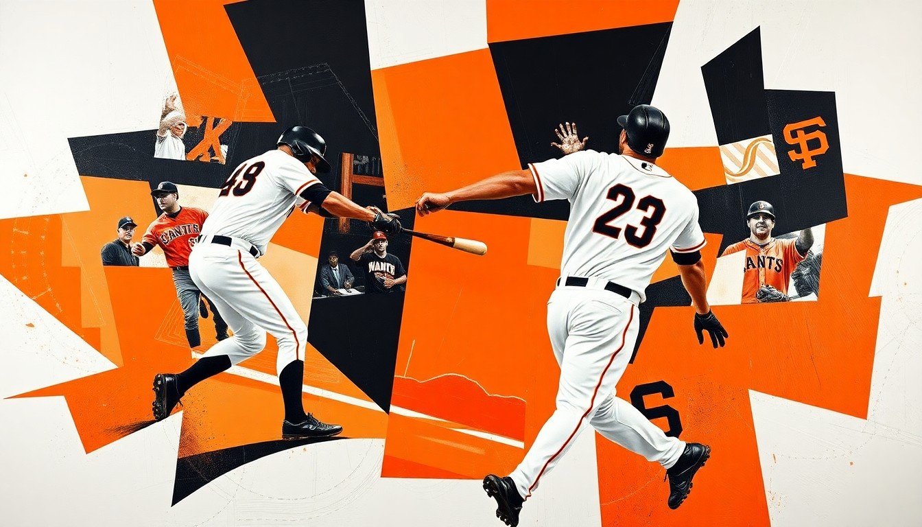A cubist, geometric painting depicting a baseball player in motion, broken down into sharp, overlapping planes of orange, black, and white, capturing the dynamic energy of the sport.
