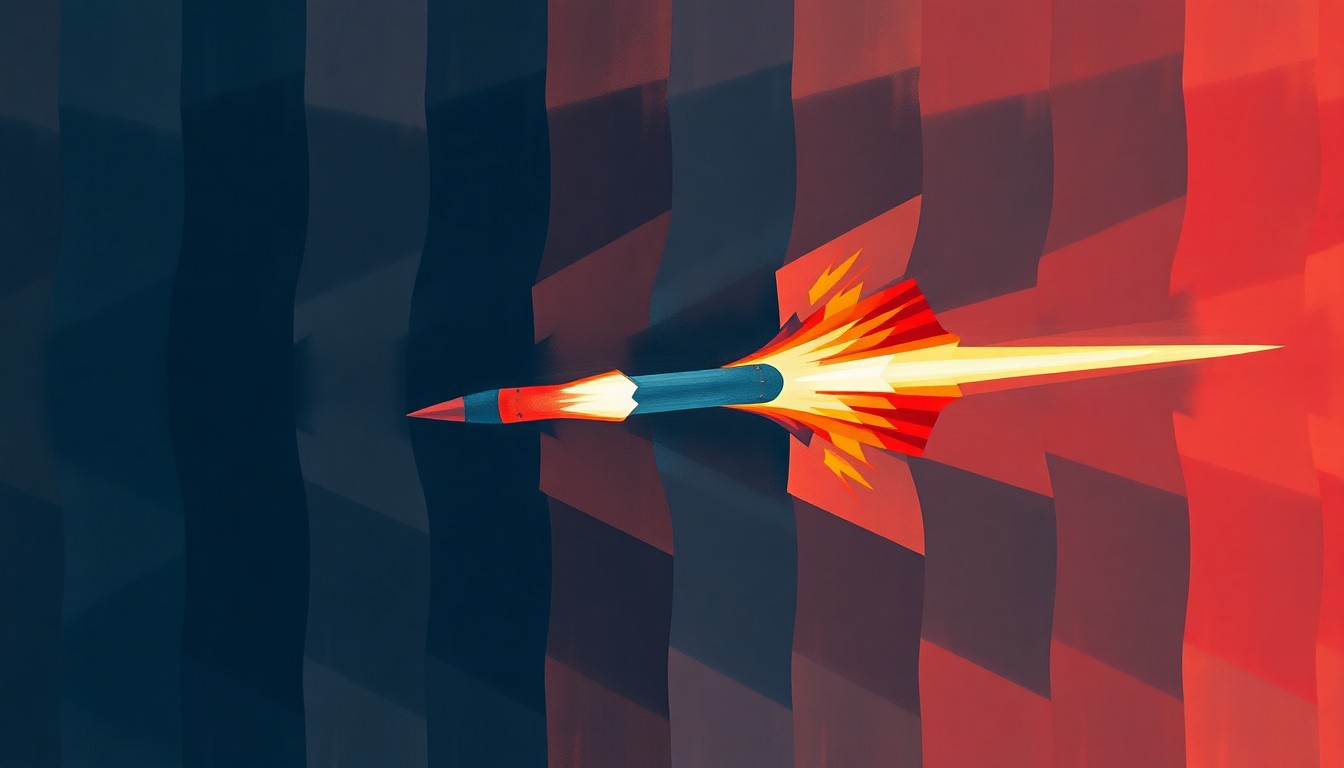 A dynamic, abstract painting of a missile or rocket in flight, with overlapping geometric shapes and waves of dark blue, red, and orange colors, conveying the fractured, high-speed nature of the conflict between Israel and Hezbollah.