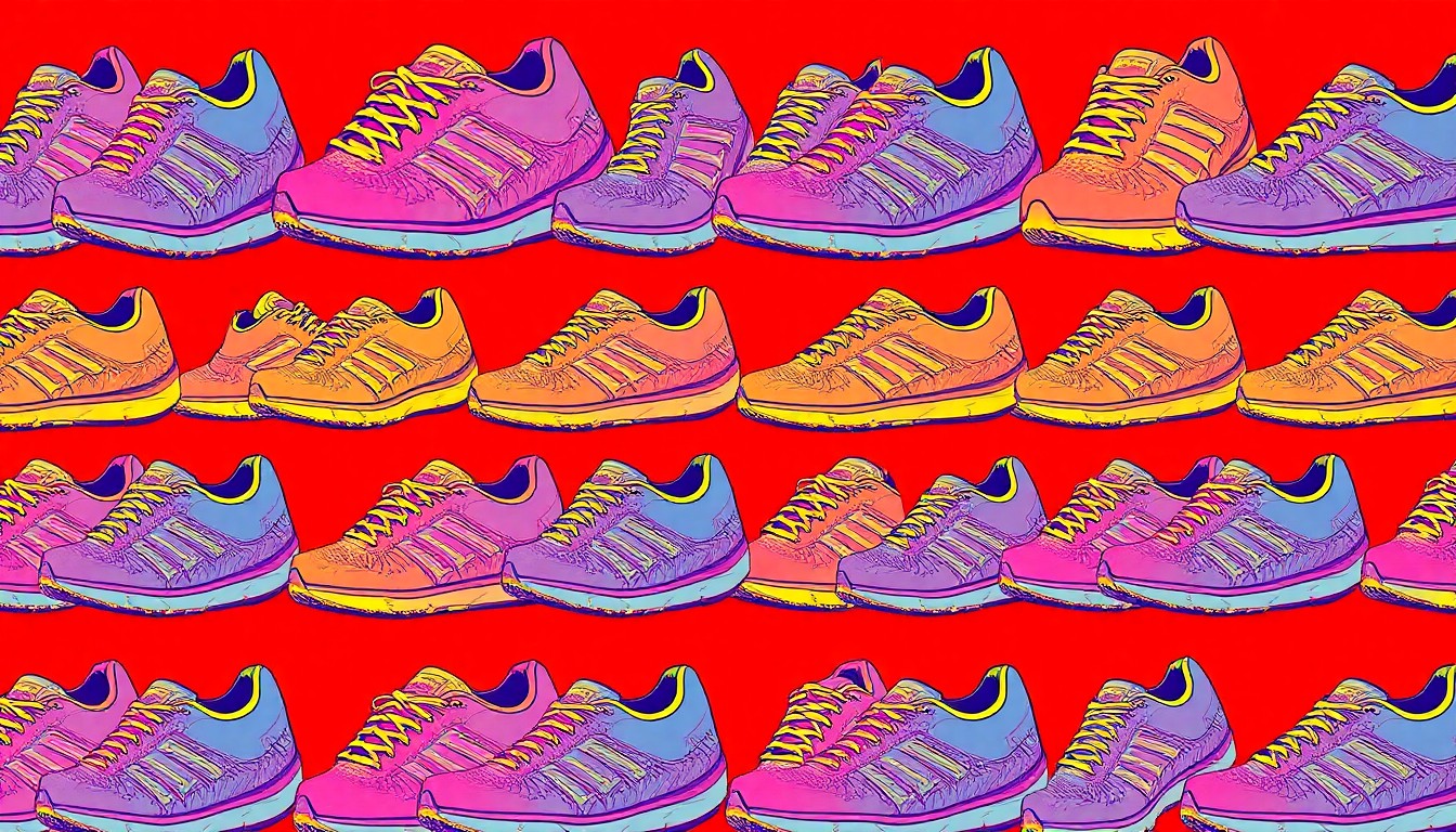 A bold, colorful silkscreen print featuring a repeated pattern of a pair of running shoes in neon shades of blue, pink, and yellow, with heavy black outlines, conceptually representing the legal battle over a homeschooled student's right to participate in public school athletics.