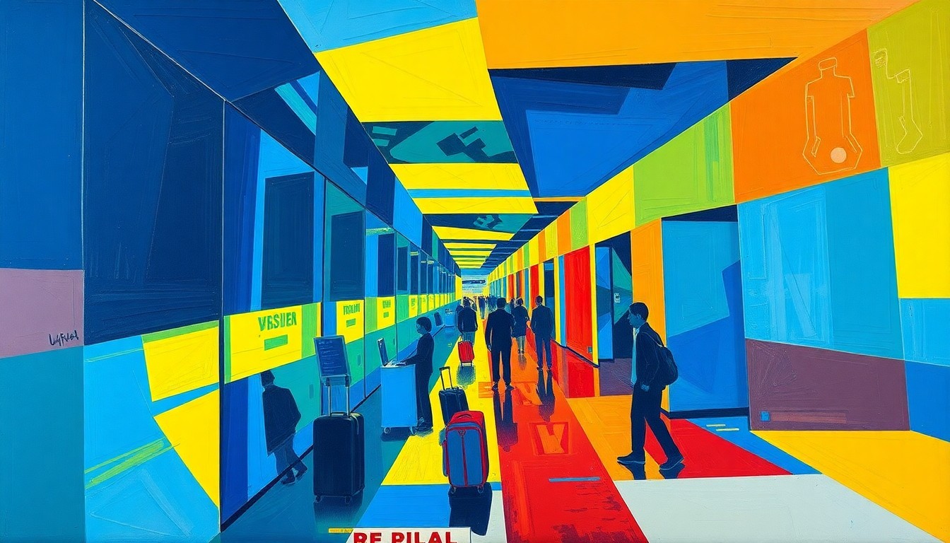 A cubist, geometric painting depicting the overlapping planes and angles of airport security checkpoints, with vibrant colors and a sense of motion and disruption.