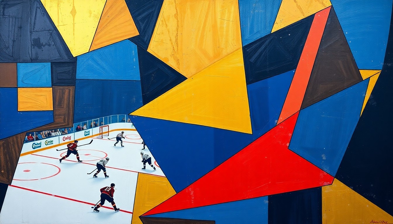 A cubist, geometric painting depicting a fragmented hockey game scene, with sharp planes of navy, gold, and crimson red conveying the intensity and chaos of the team's struggles.