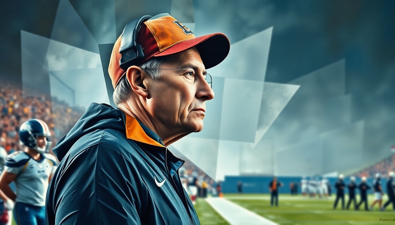 A cubist, geometric painting depicting a football coach on the sideline, with his face and body broken down into sharp, overlapping planes of color and shape, conveying the personal and emotional connection he seeks to have with his players.