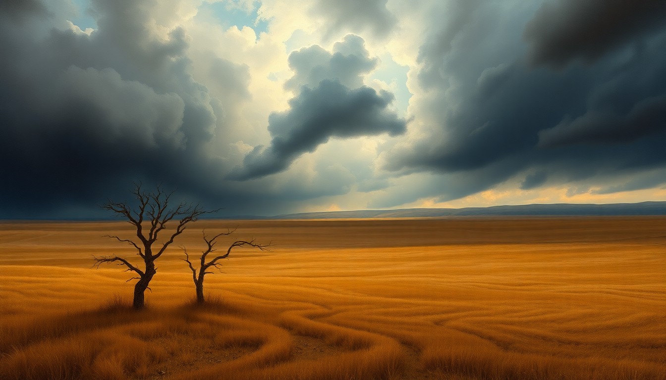A vast, atmospheric landscape painting in muted earth tones, with a solitary bare tree in the foreground dwarfed by the overwhelming scale of the stormy sky and barren prairie, conceptually representing the need for fire prevention measures during periods of drought.