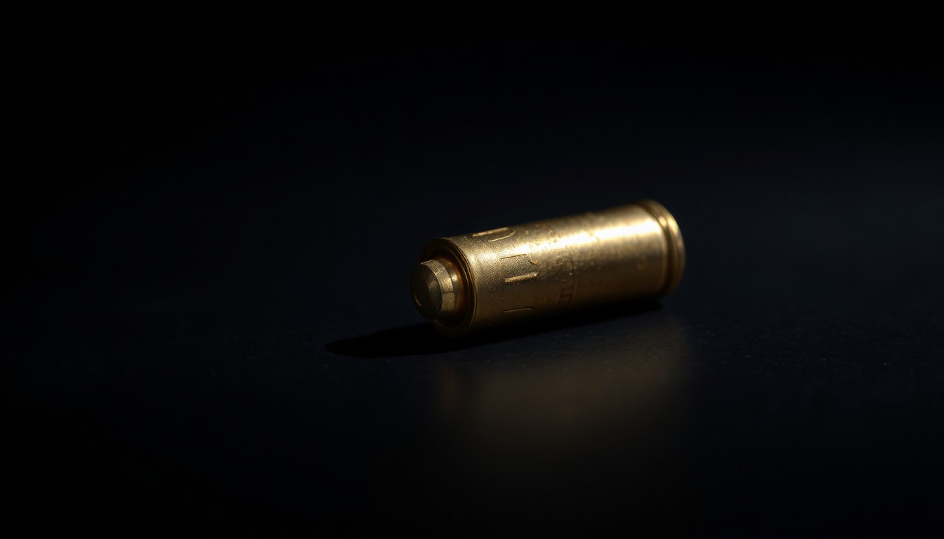 An extreme close-up photograph of a single bullet casing on a dark surface, lit by a harsh, direct camera flash, conceptually illustrating the stark, gritty aftermath of a shooting incident.