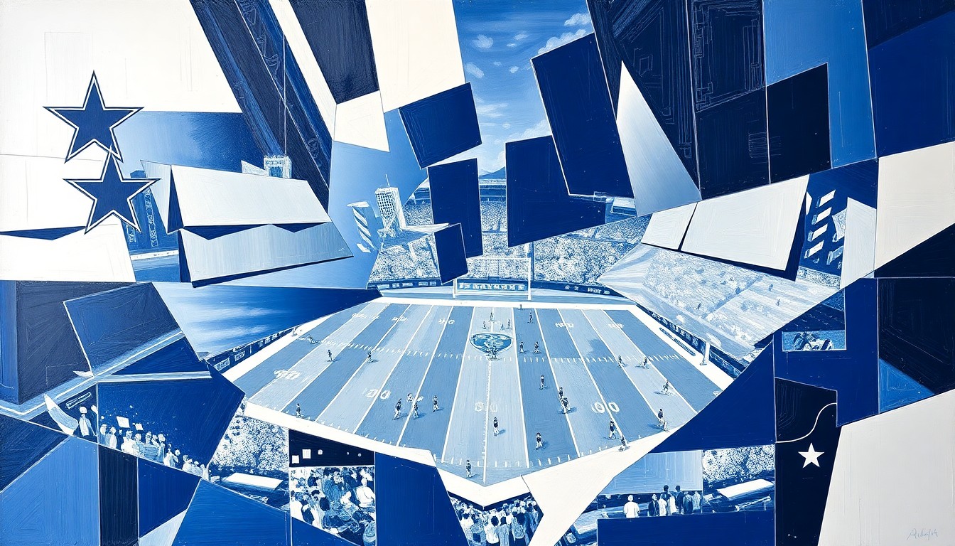 A cubist, geometric painting depicting a Dallas Cowboys football game, with the players and field broken down into sharp, overlapping planes of navy blue, silver, and white, conveying the fractured nature of the team's defensive struggles.