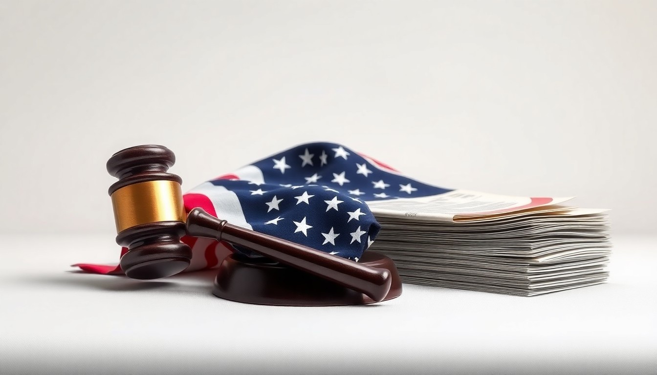 A photorealistic studio still life featuring a polished metal gavel, a crumpled American flag, and a stack of financial documents, symbolizing the tension between corporate America and the White House over the costs of the Iran conflict.