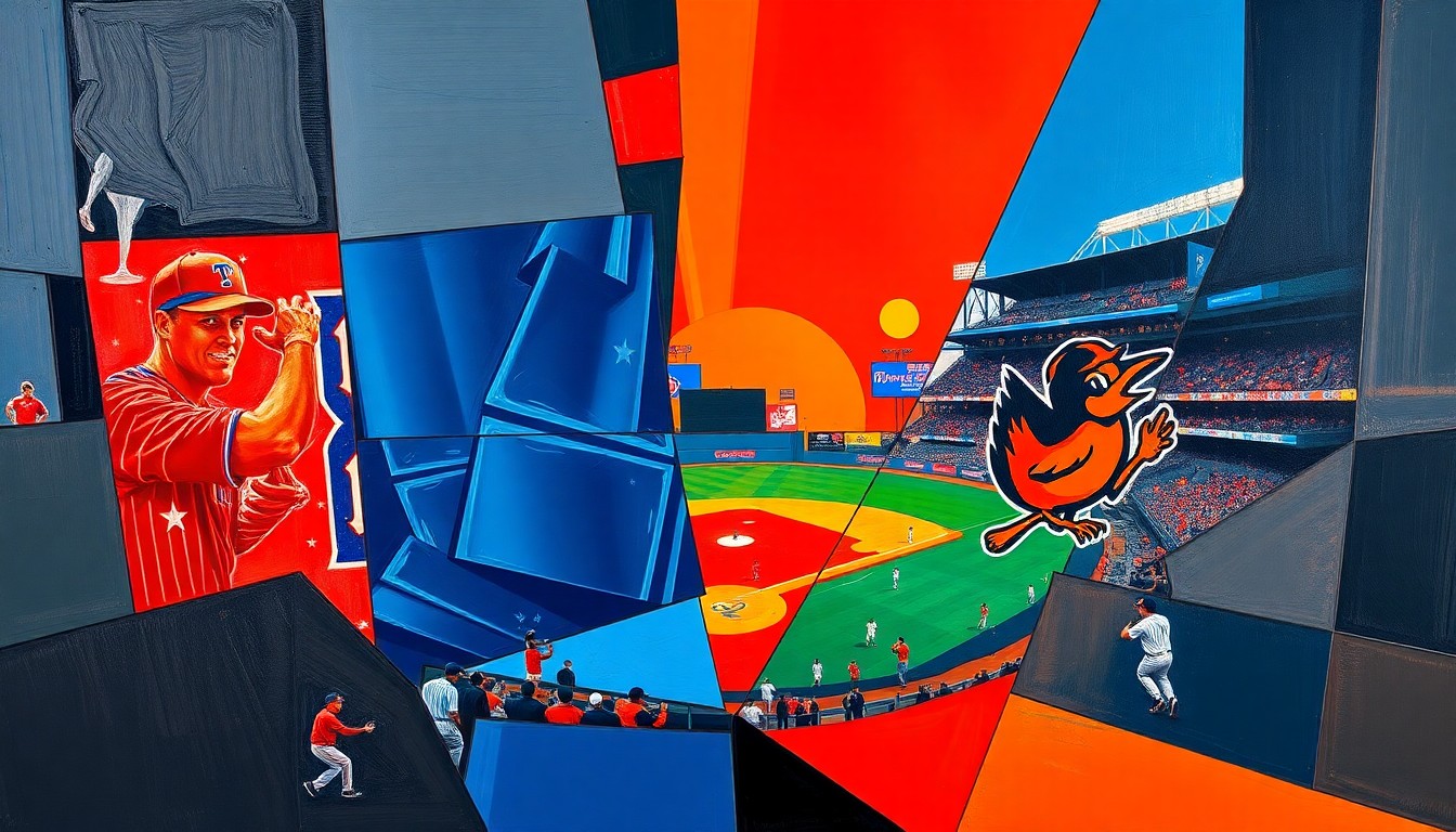 A cubist, geometric painting depicting a baseball game between the Texas Rangers and Baltimore Orioles, with the players and field broken down into sharp, overlapping planes of color and shape, creating a dynamic, energetic visual representation of the matchup.