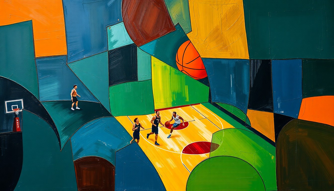 A fragmented, geometric painting depicting a basketball game in progress, with the court, players, and ball broken down into sharp, overlapping planes of navy, green, and orange.