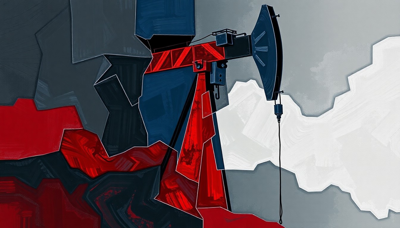 A dynamic, fragmented painting of an oil well pump jack in overlapping geometric shapes and waves of dark colors, conveying the conflict and instability surrounding Iran's energy industry.