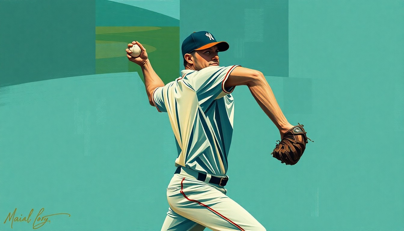 A fragmented, geometric painting depicting the various angles and planes of a baseball pitcher's windup and delivery, conceptually representing the technical adjustments a young player must make to regain his form.