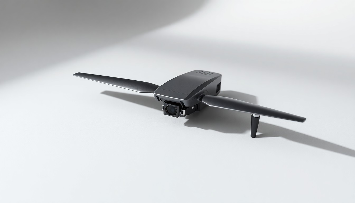 A high-end, photorealistic studio still-life photograph featuring a sleek, metallic drone or UAV component elegantly arranged on a clean, monochromatic background with dramatic lighting and sharp shadows, representing the precision and advanced technology of AeroVironment's products.