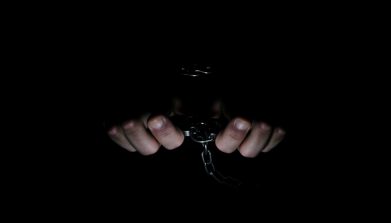 An extreme close-up photograph of a pair of metal handcuffs against a stark black background, the harsh flash creating dramatic shadows and highlights that convey the tension and urgency of a police encounter.