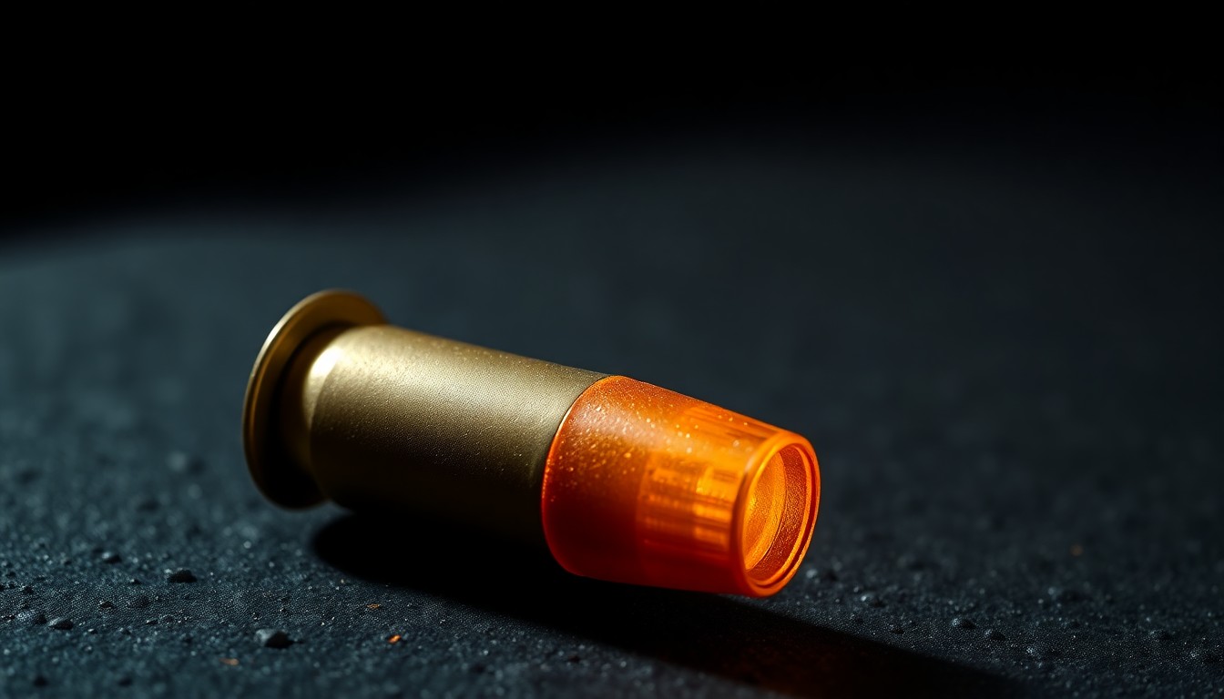 An extreme close-up of a single spent shell casing on a dark, textured surface, lit by a harsh, direct camera flash, creating a stark, gritty, investigative aesthetic that conceptually represents the violence at the heart of this crime.